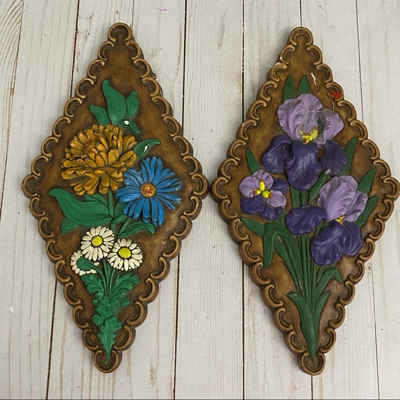 Vintage Chalkware Floral Wall Plaques Set of Two